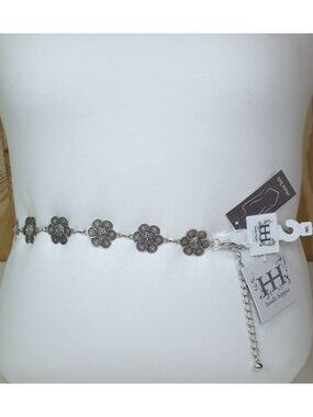 Haute Hippie Silver Flower Chain Belt Concho Adjustable S/M 1.25" Wide 40" Long